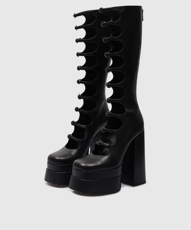 Babe Pay Pls Stivali in pelle nera con ritagli curvi 5029072807